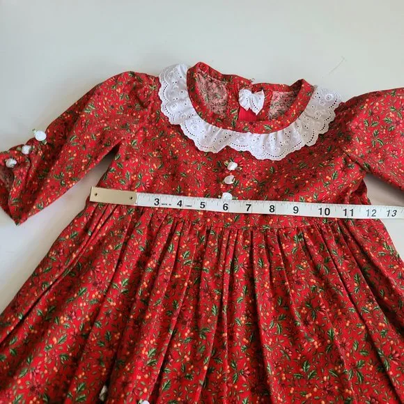 Hand made girls red dress with little roses and white lace collar. - Picture 4 of 5